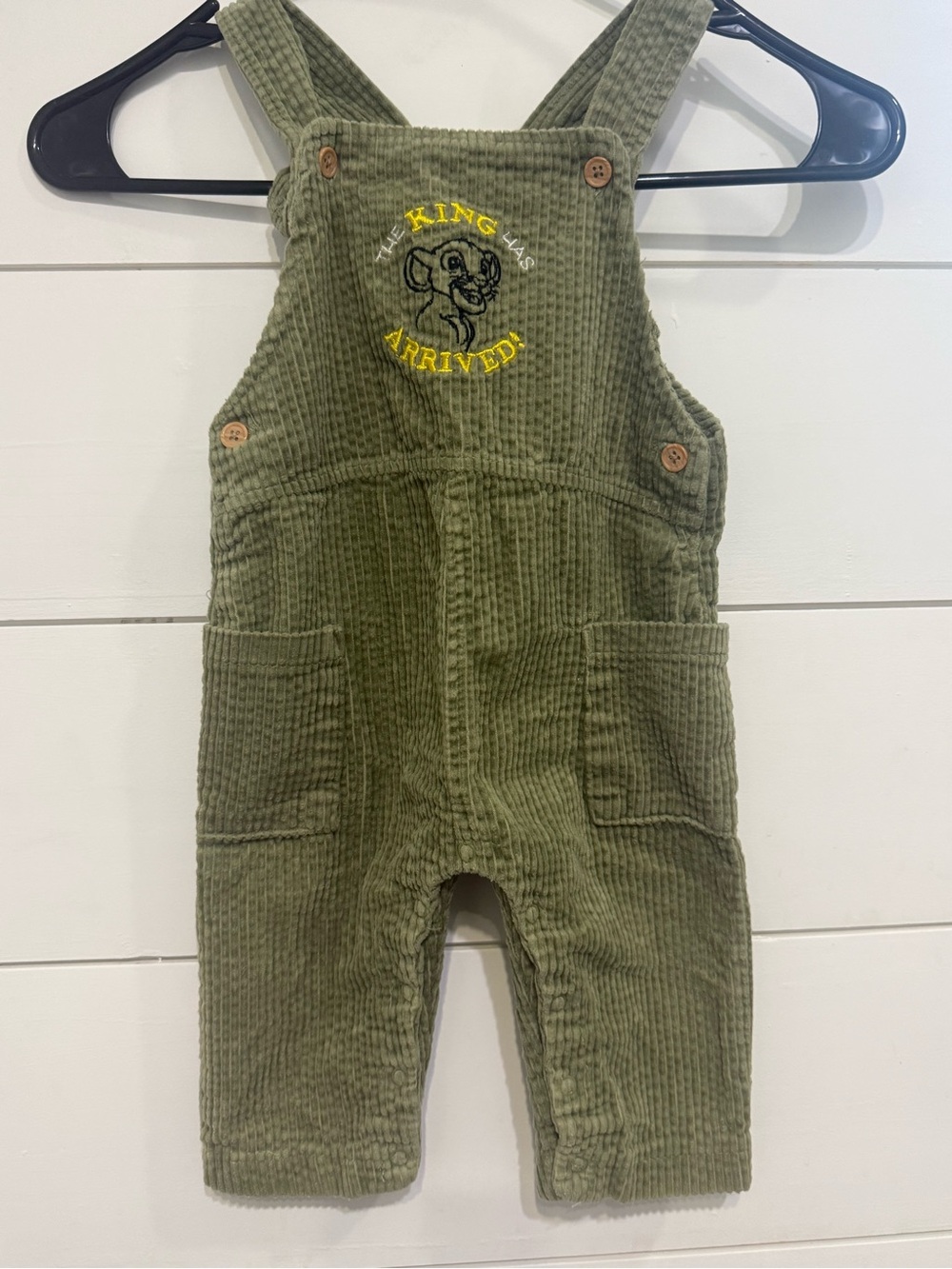 Disney Olive Green Corduroy Overalls with 'The King Has Arrived' Embroidery